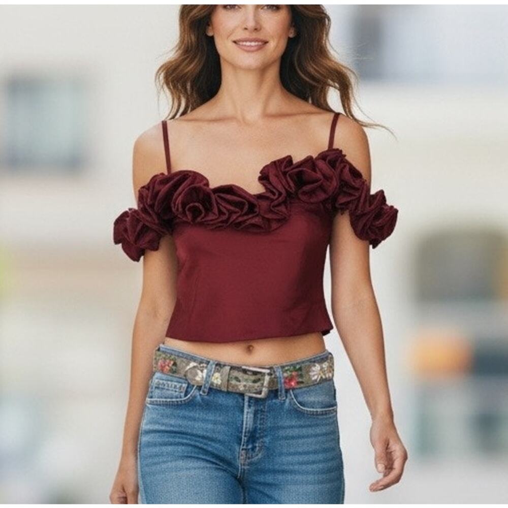 Coperni Burgundy Ruffle Cropped  Cami Top MEDIUM Camisole Romantic Party Upcycle